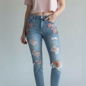 Garage Floral Embroidered Distressed Straight Leg High  Rise Jeans‎ Size 7
